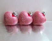 Red Heart Ornaments: Three Hand painted Puffy Glass Hearts Christmas Tree Ornaments