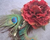 Red peony flower peacock feather hair clip fascinator hair flower