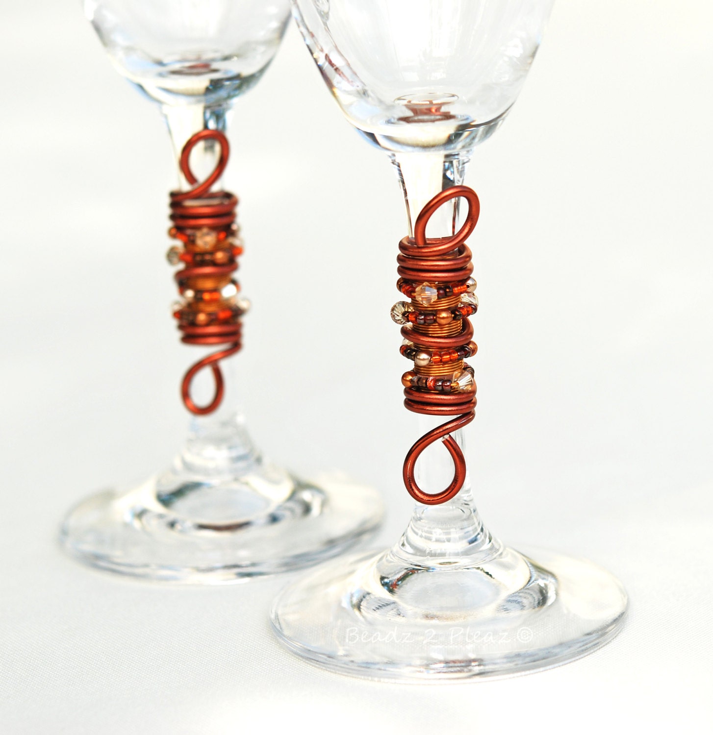 AUTUMN Beaded Wedding Cake Server Knife Set And Flutes SWAROVSKI Crystal, Glass And Pearls Cognac SWIRLS Copper Gold Orange Rust And Brown