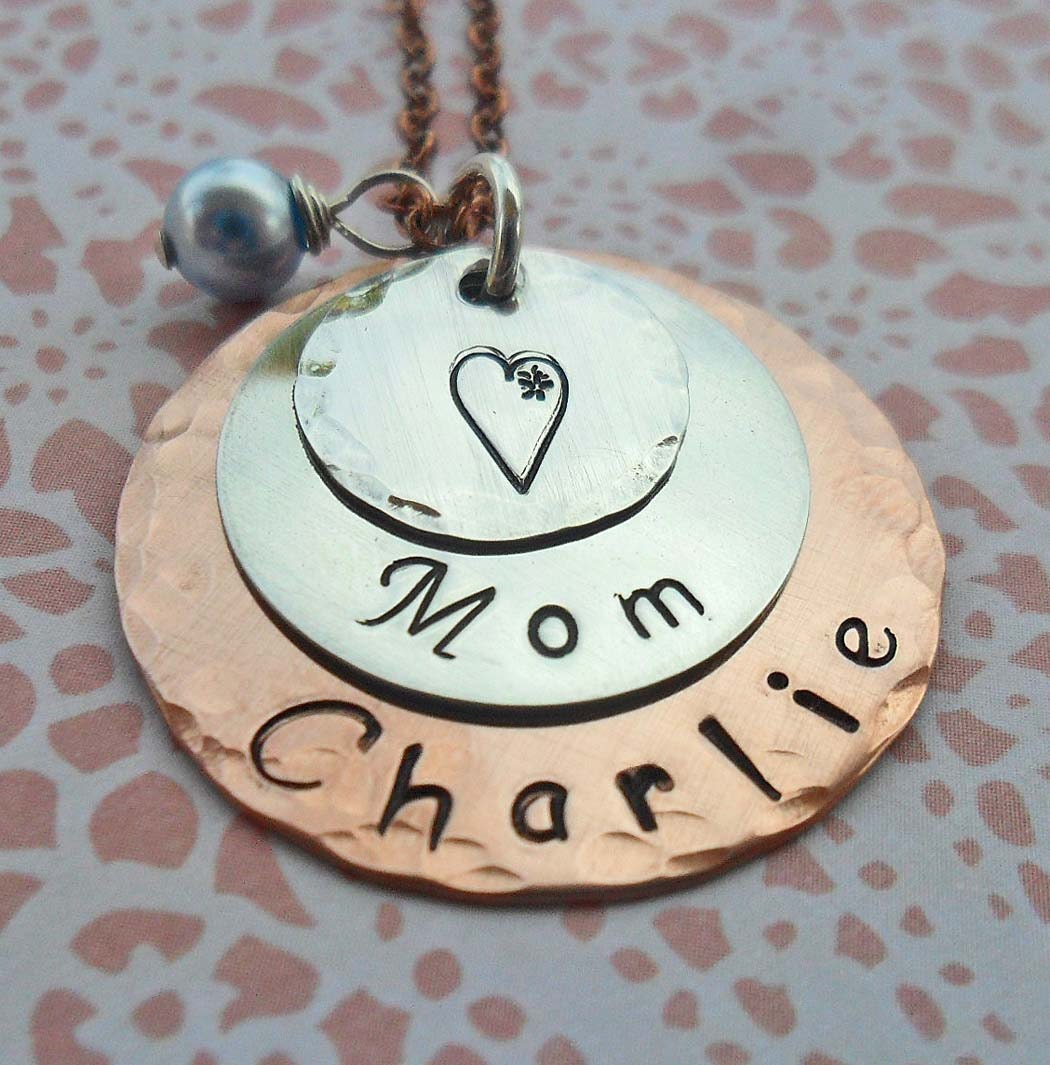 Personalized Mom Necklace - 1-2 Custom Names and Pearls- Silver and Copper - S120