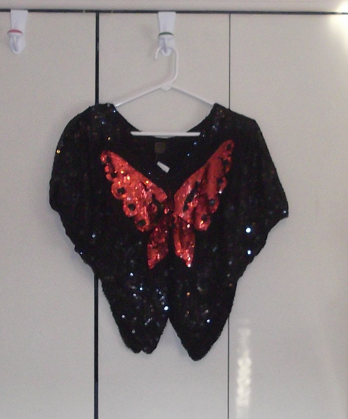 vintage 1980s sequin butterfly blouse black red silk