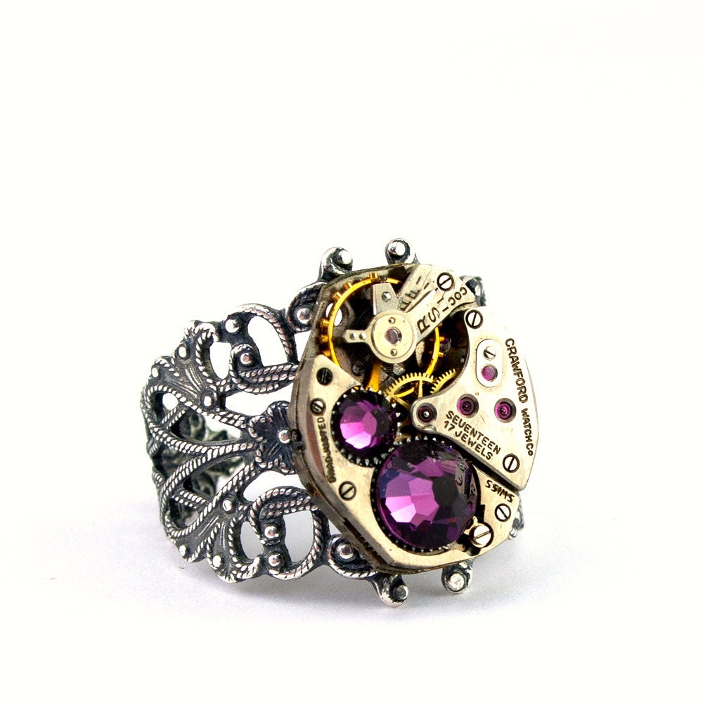 Steampunk Ring - Gorgeous Clockwork Design with Purple Amethyst Swarovski Crystals PROMPTLY SHIPPED - Steampunk Jewelry