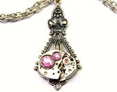Steampunk Necklace - A Gorgeous Vintage Clockwork Design & Lite Rose Pink Swarovski Crystals - PROMPTLY SHIPPED Steampunk Jewellery