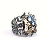 Steampunk Ring - Gorgeous Clockwork Design with Light Sapphire Blue Swarovski Crystals PROMPTLY SHIPPED - Steampunk Jewelry