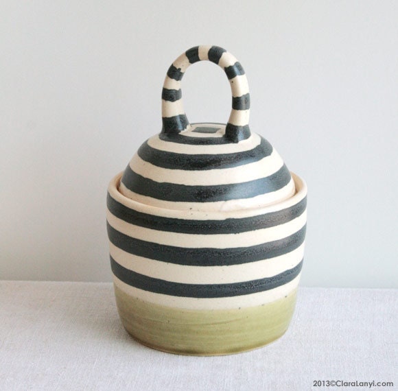Ceramic Box with Stripes, OOAK , Lidded Pottery Jar, Sugar Bowl