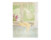 Original Kitty Cat Watercolor Animal Painting Cottage Garden Wall Art Home Decor Shabby chic