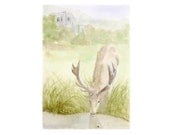 8x10 Archival Art PRINT of Watercolor painting deer landscape castle animal painting, Country Elk Scene