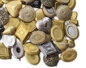 10pc locket assortment, mixed shapes and finishes for creating pendant necklaces, silver, antique bronze, gunmetal, raw brass