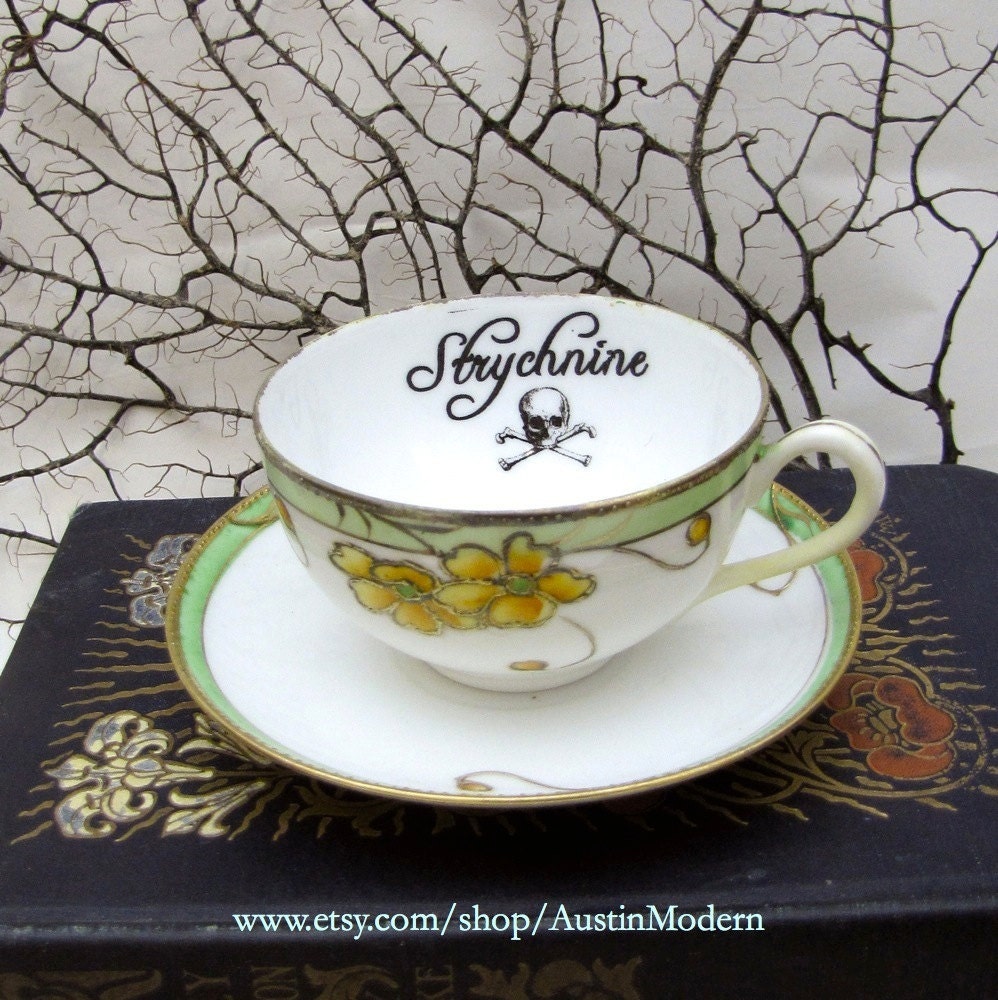 Altered Vintage China Teacup Poison Tea Cup Strychnine Yellow Green Gold