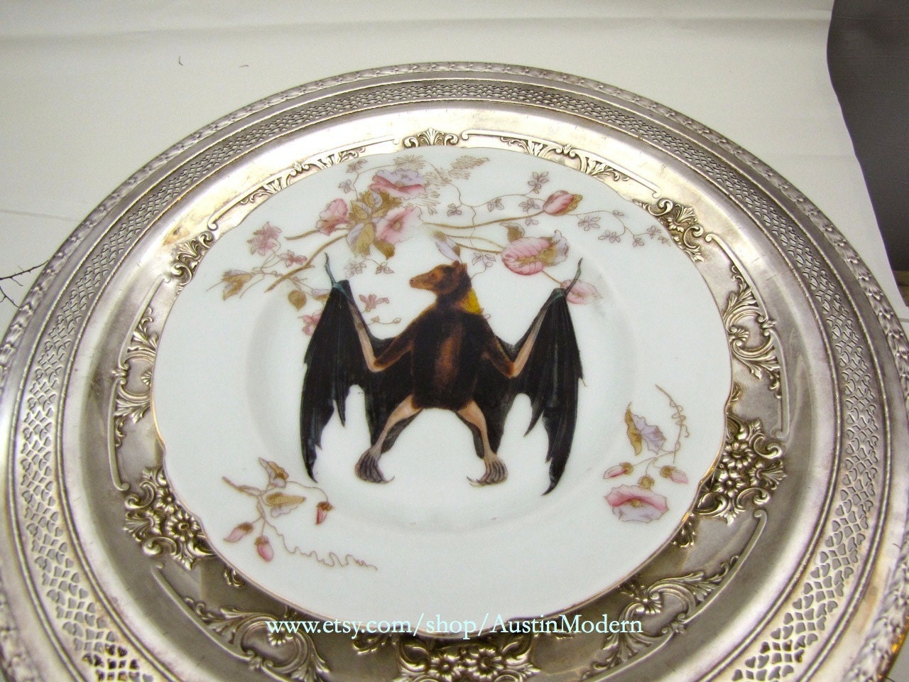 Victorian Fruit Bat Altered Vintage China Wall Plate Pink Flowers