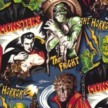 MONSTERS Horror Movie Robert Kaufman Novelty MONSTER Cotton Quilt Fabric - by the Yard - Universal Studios Hollywood - Hard to find