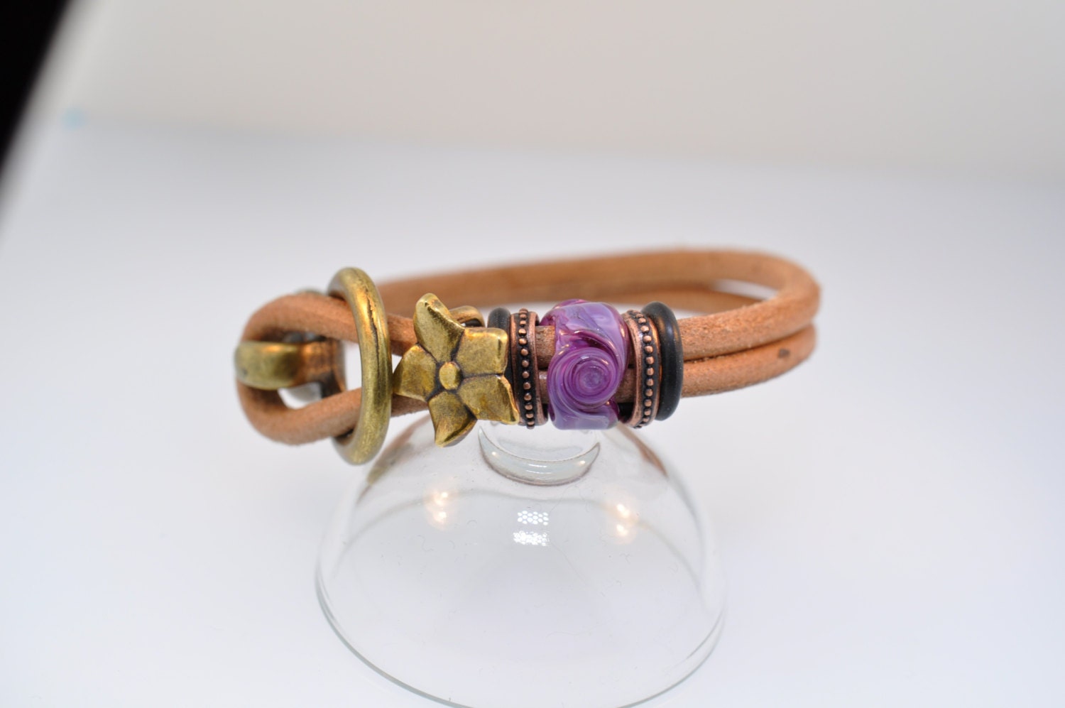 Natural Tan Leather, SRA Purple Lampwork and Brass and Copper Colored Metal Bracelet