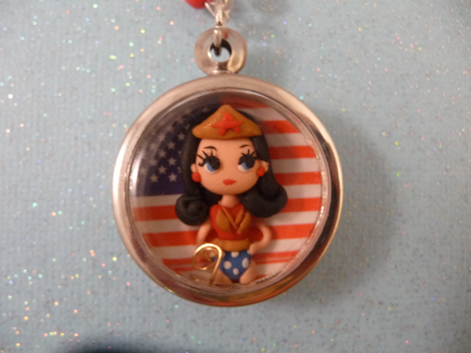 OOAK Wonder Woman Polymer Clay Shadowbox Necklace