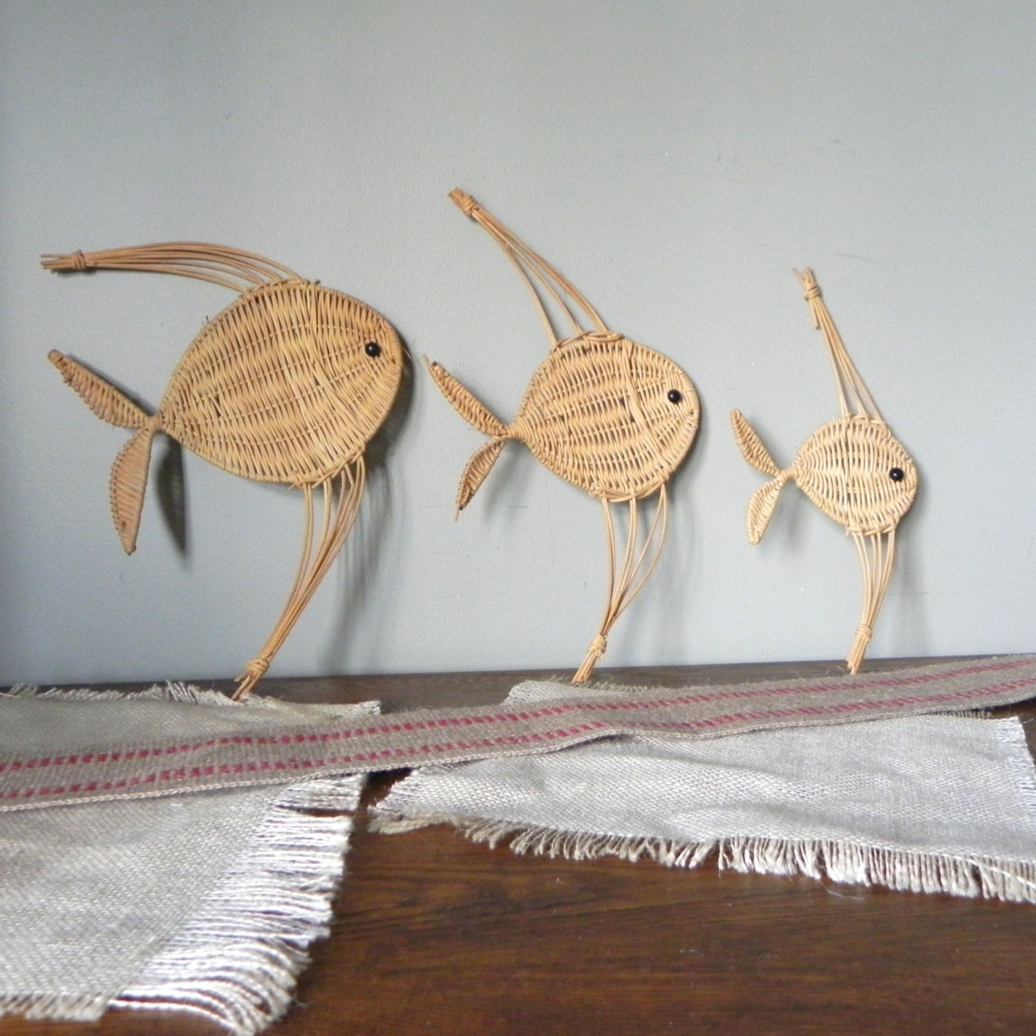 Vintage wicker fish wall hanging - beach cottage decor three fish