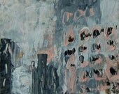 Acrylic Abstract Painting I Heart the City Original Art, Watercolor Paper, Cityscape, Black, White, Gray, Pink, Muted Colors