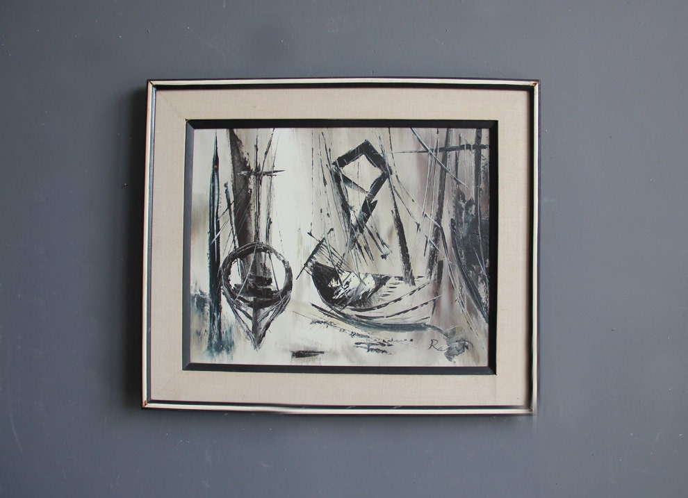 Abstract Black & White Sailboat Painting