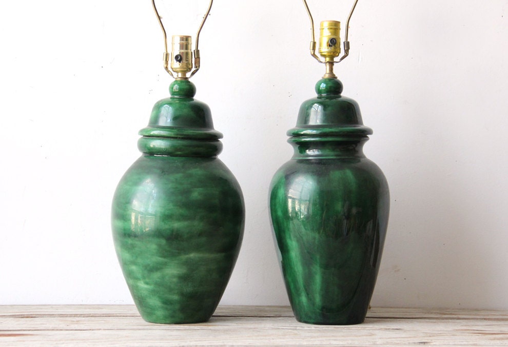 Gorgeous Pair of Faux Malachite Green Lamps