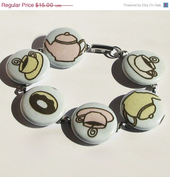 40% OFF sale bracelet tea or coffee and donuts fabric covered one inch button bracelet