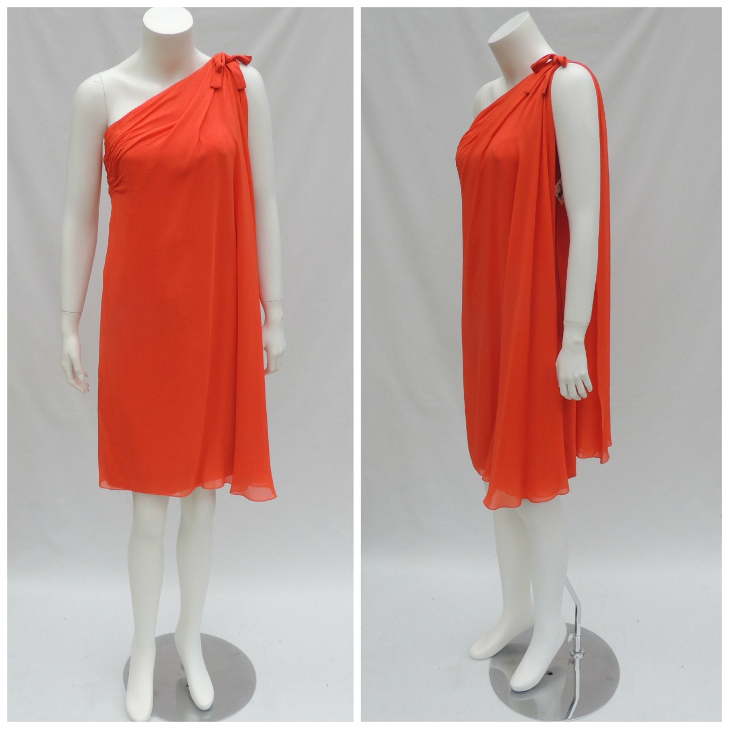 Vtg 60s Bold Orange One Shoulder Cocktail Dress sz s / petite