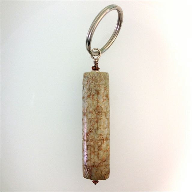 Carved Stone Cylinder Key Ring or Pendant Jade