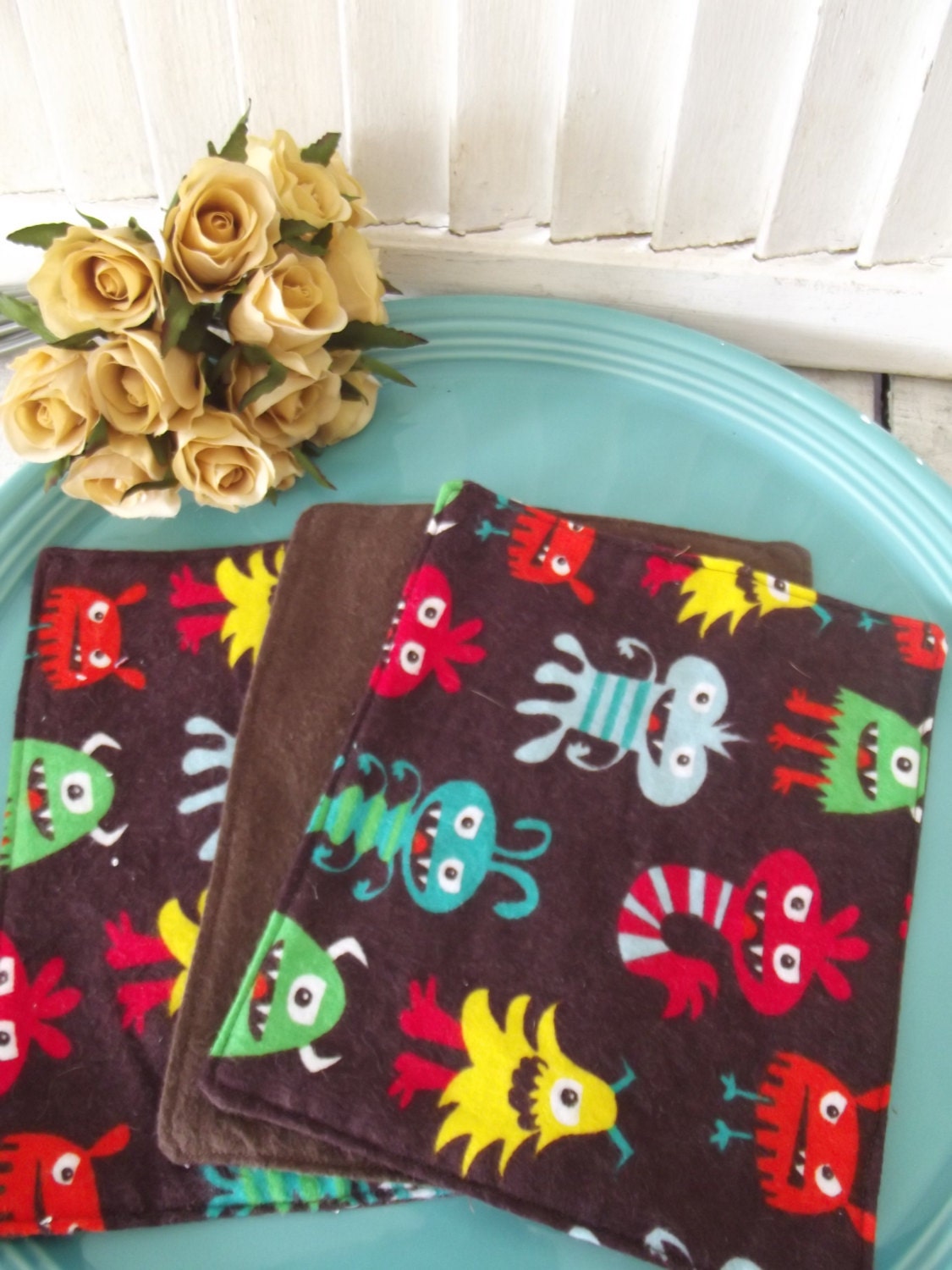 Set of 4 Fun Monster Print Baby  Washcloths, Reusable Wipes, Napkins