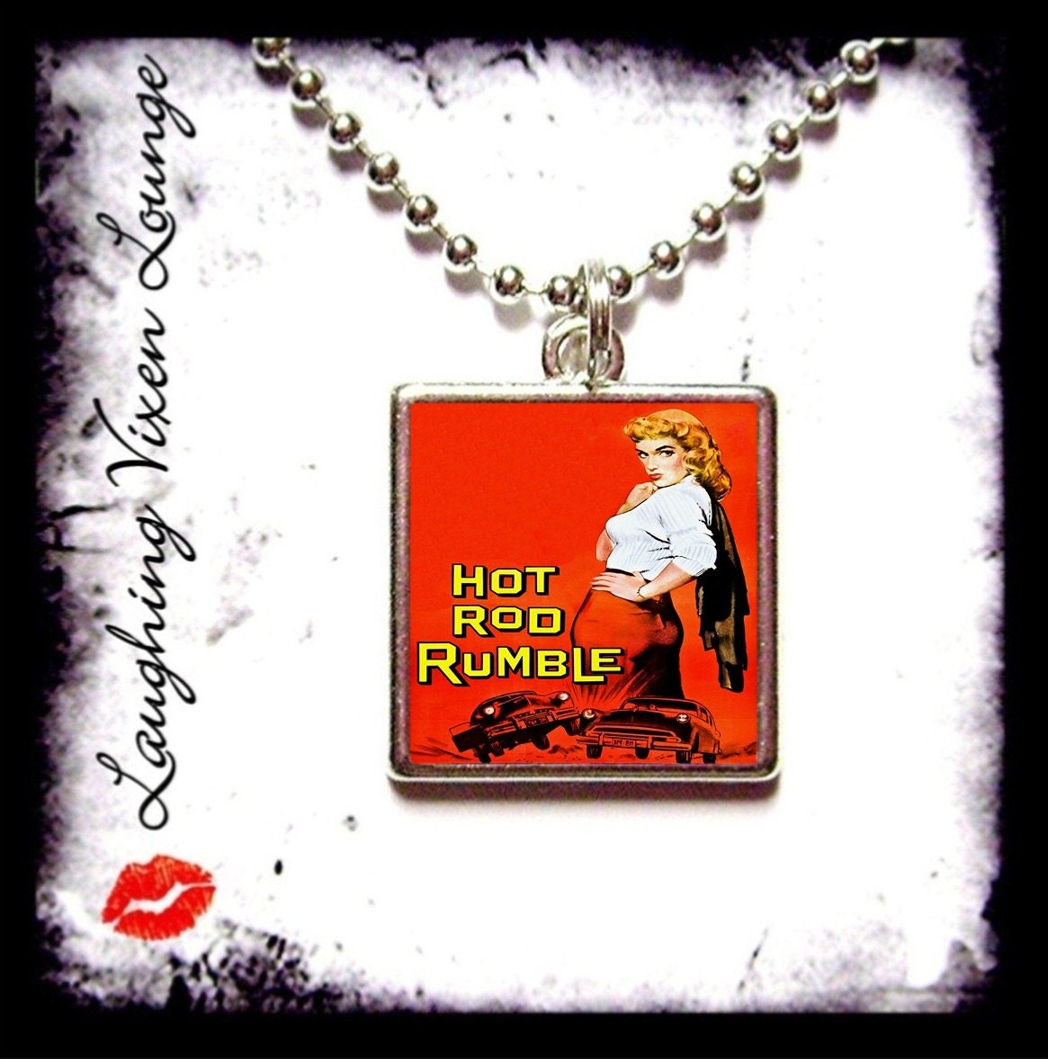 Hot Rod Necklace - Hot Rod Rumble Small Pendant - Square Or Round - Pulp Necklace - Pin Up Necklace - Rockabilly Neckace - Retro Women