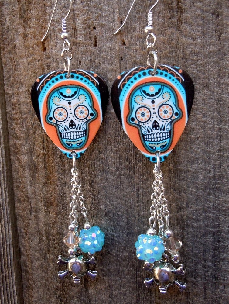 Peach and Aqua Sugar Skull Guitar Pick Earrings with Dangles