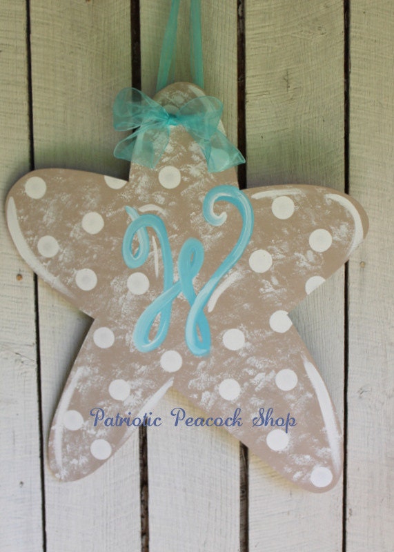 Beachy Starfish Wooden Door Hanger Art- Patriotic Peacock Original