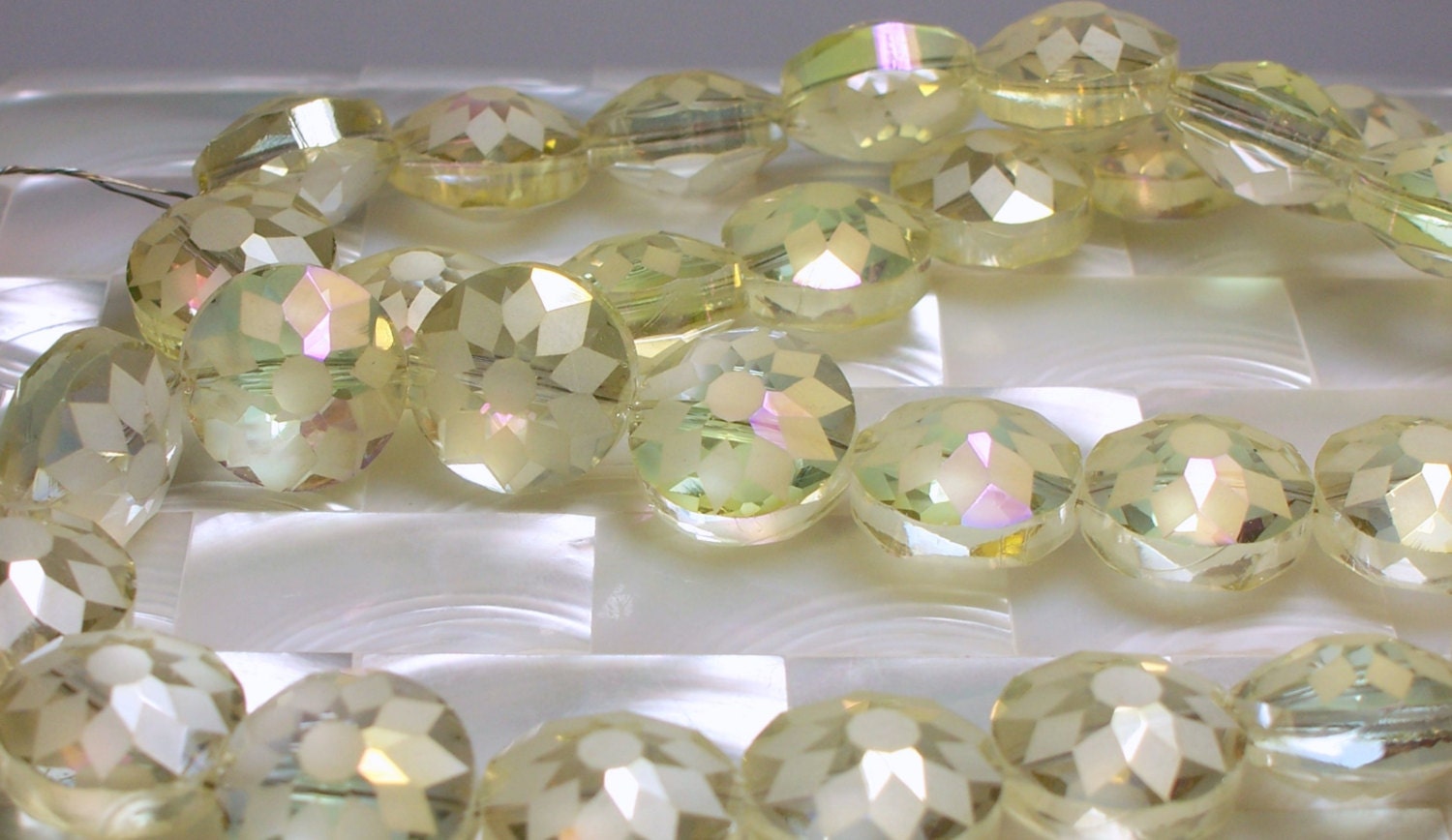 Beads AB Light Yellow Coin shape 14mm with Laser Etch Sunflower design 1/2 Strand 18pcs
