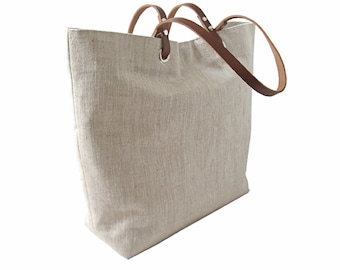 Beach Bag, Natural Linen Tote Bag,  Linen and Leather Purse for Women, Beach Bag, Large, Casual Tote, Everyday Tote, Simple, Casual Handbag