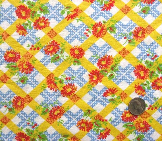 Vintage 1930's Feed Sack Cotton Fabric, Red Daisy Flowers on Yellow and Blue Lattice Design