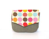 travel clutch // gray herringbone canvas - bright geometric floral // cosmetics bag with mirror - makeup bag