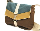 satchel // rich brown herringbone canvas - blue tweed - mustard brown vegan leather // crossbody bag - adjustable strap