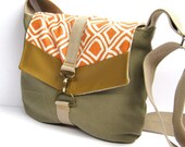 satchel // sage khaki canvas - orange geometric print canvas - mustard brown vegan leather // crossbody purse - messenger