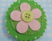 Pale pink and green polkadot round felt flower brooch with button detail