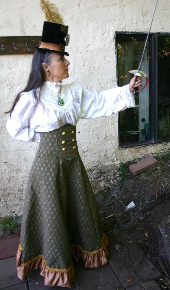 Green  and Gold Tapestry Victorian Bustle Skirt and Corset Belt