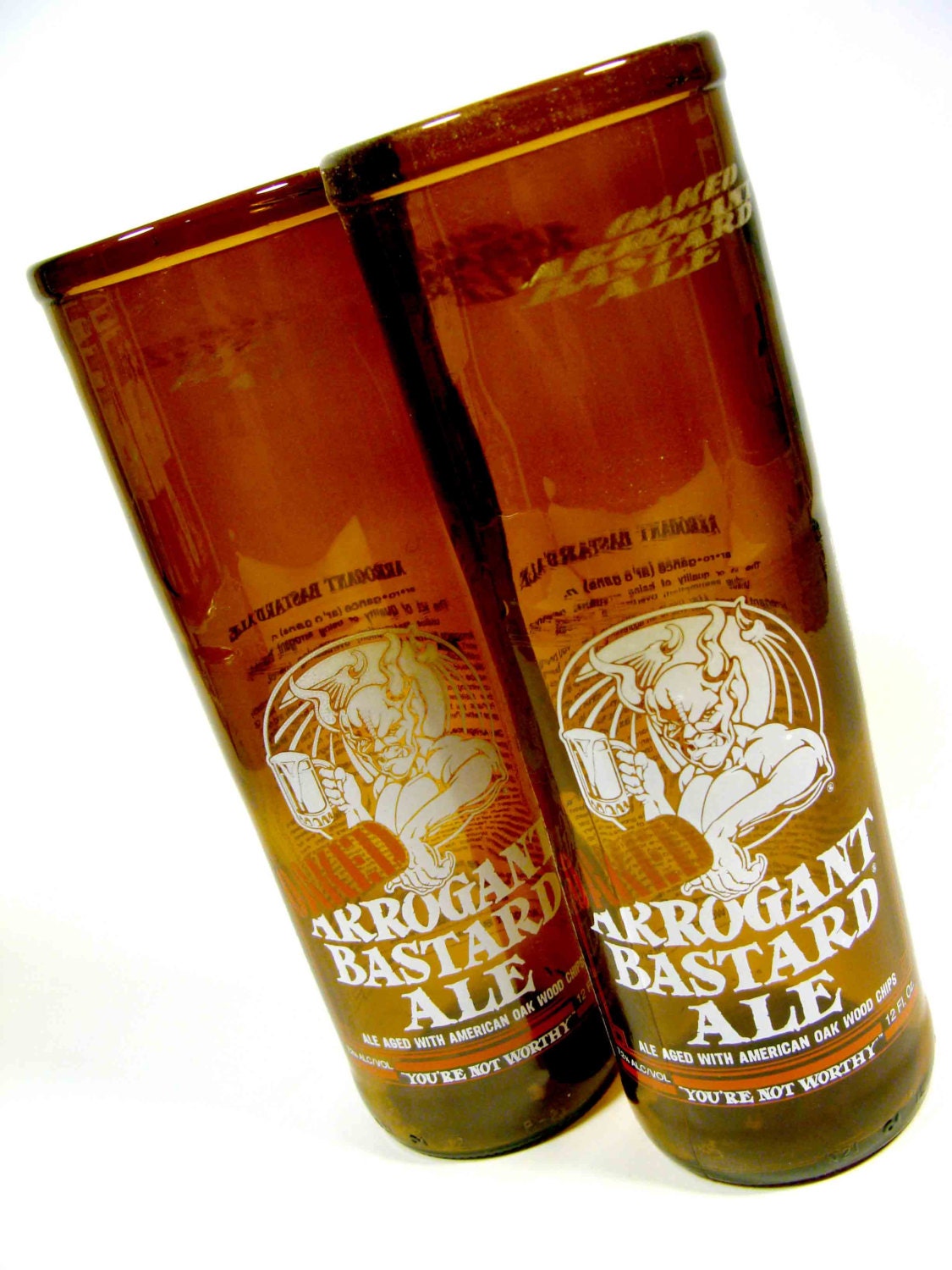 Set of Two of Recycled Stone Arrogant Bastard Oaked Beer Bottle Drinking Glass Cups