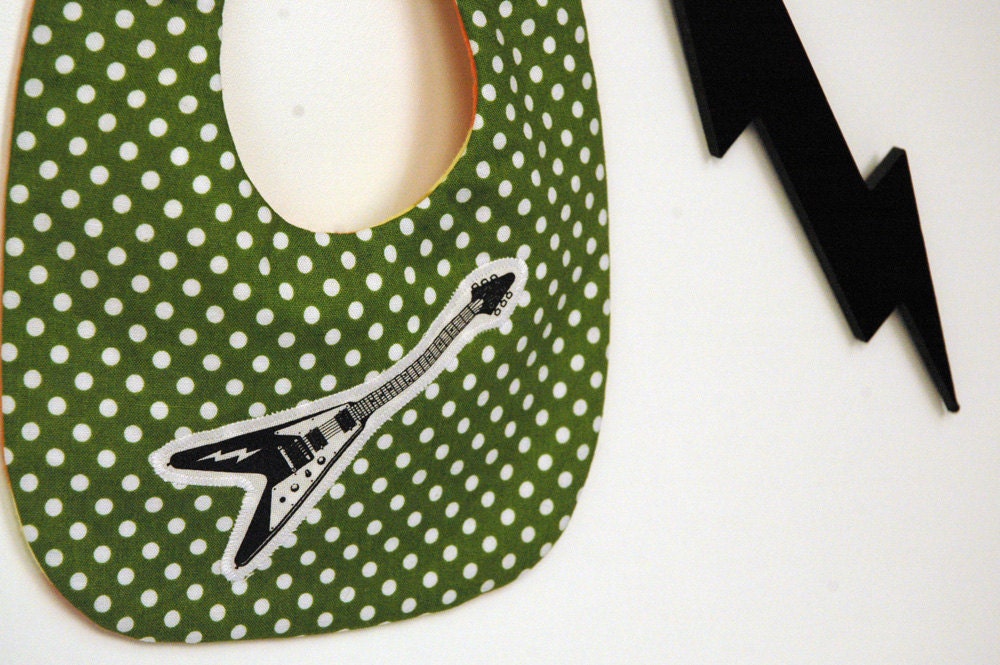 Emerald Green Dots and Flying V Guitar Bitty Bib great for newborn-12 months