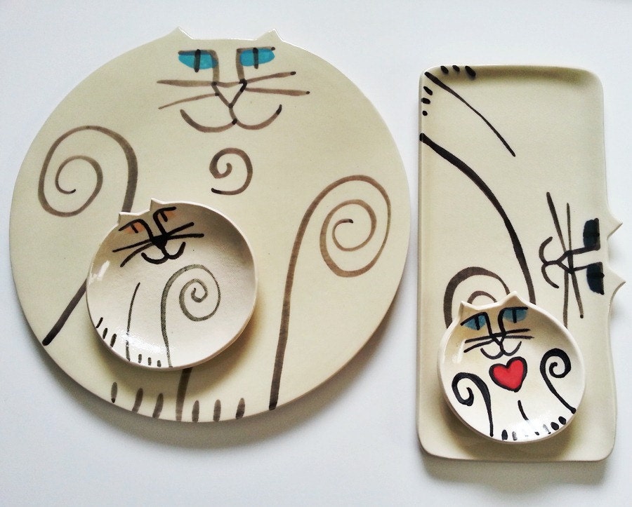 decorative platter plus bowls: Cat Pottery HM collection white black plate whimsical art ceramic