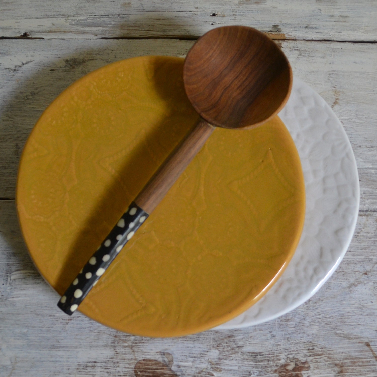 2 Breakfast Plates - White and Mustard - 2 small plates - Wobbly Plates Series