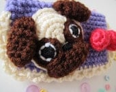 Kawaii crochet - Pug Dog on purple with lace and pink bow - coin purse - mini wallet