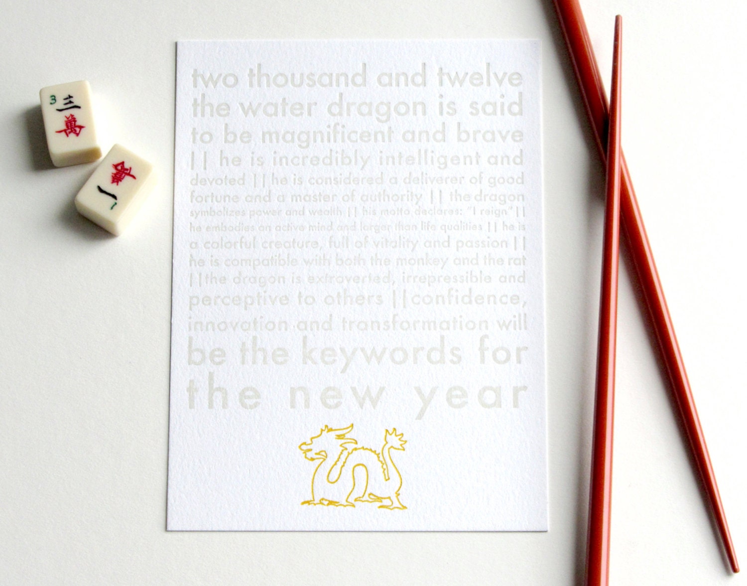SALE - 25% OFF - 2012 Year of the Dragon - Limited Edition Letterpress Print (frameless)