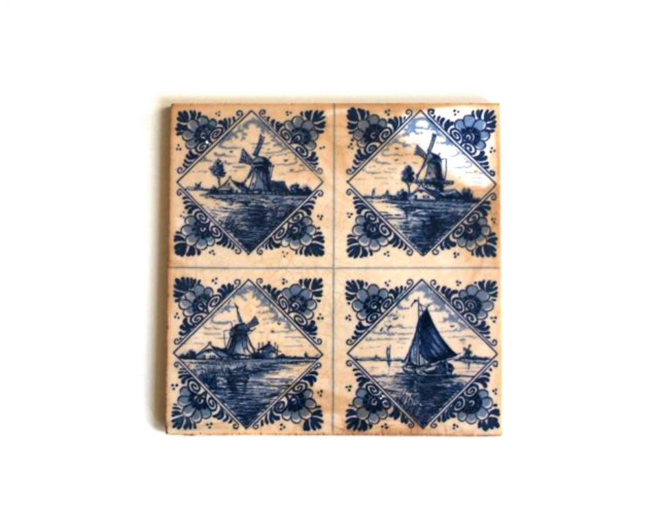 Vintage Dutch Windmill Tile, Delft Tile, Ceramic Tile, Coaster, Home Decor, Blue and White Dutch Tile