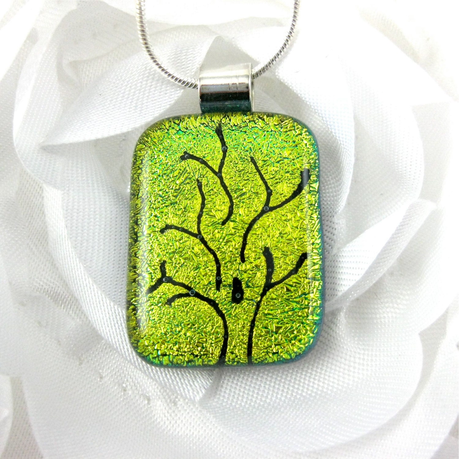 Mini Green Dichroic Glass Tree Pendant - Fused Glass Jewelry