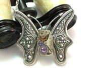 Butterfly Wings Steampunk OOAK Necklace Purple Vintage Watch Movement Swarovski Nouveau Designed by Mystic Pieces