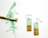 Hand painted earrings. Gold,green mint sterling silver.
