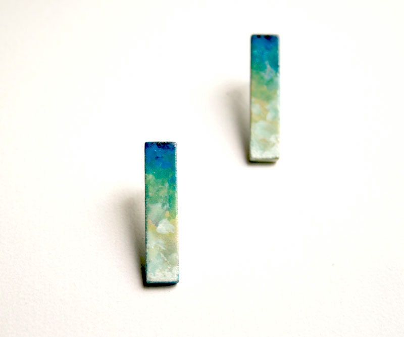 Ombre blue and green hand painted stud earrings. Sterling silver posts. Minimalist earrings.