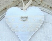 Antique Linen Heart Sachet - Vintage Rhinestones - Wedding