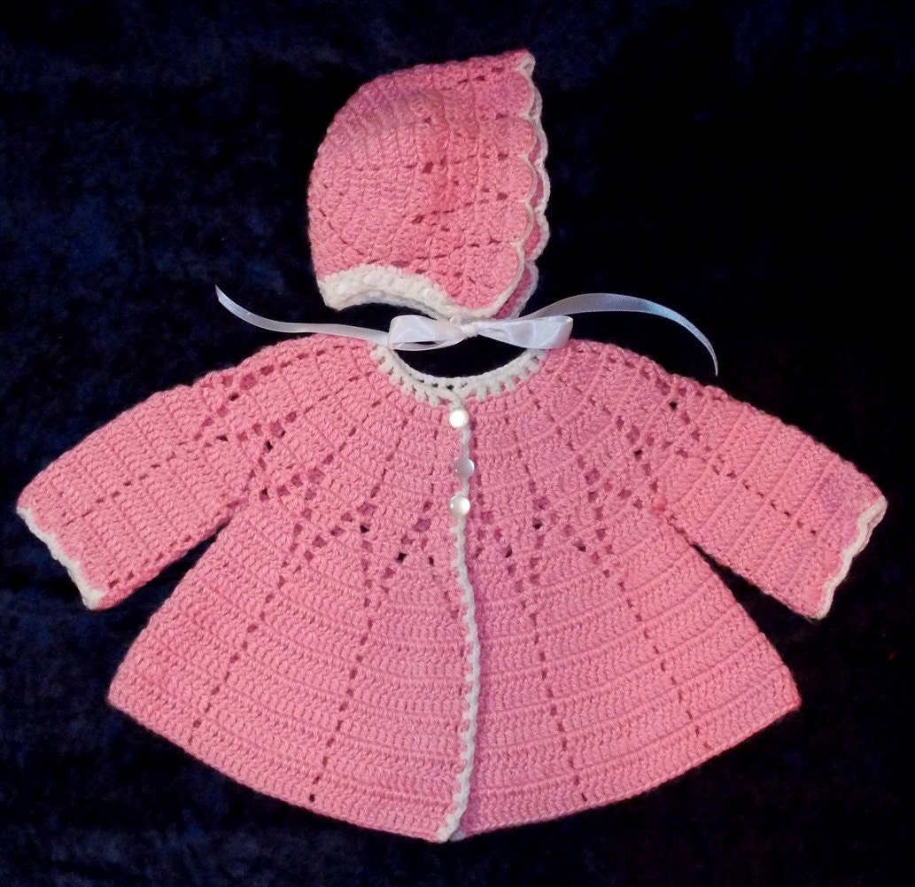 Pink Crochet Baby Sweater Set ... Bonnet and Jacket ... 3 to 6 months ... READY TO SHIP