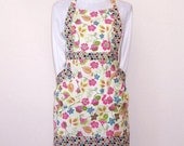 Floral Apron Womens Full Apron Pink Blue Flowers on Cream Background - abellawear